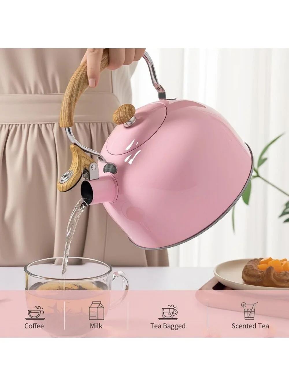 Pink Kitchen Whistling Tea Kettle 2.5 Quart Stainless Steel Wood Folding Handle